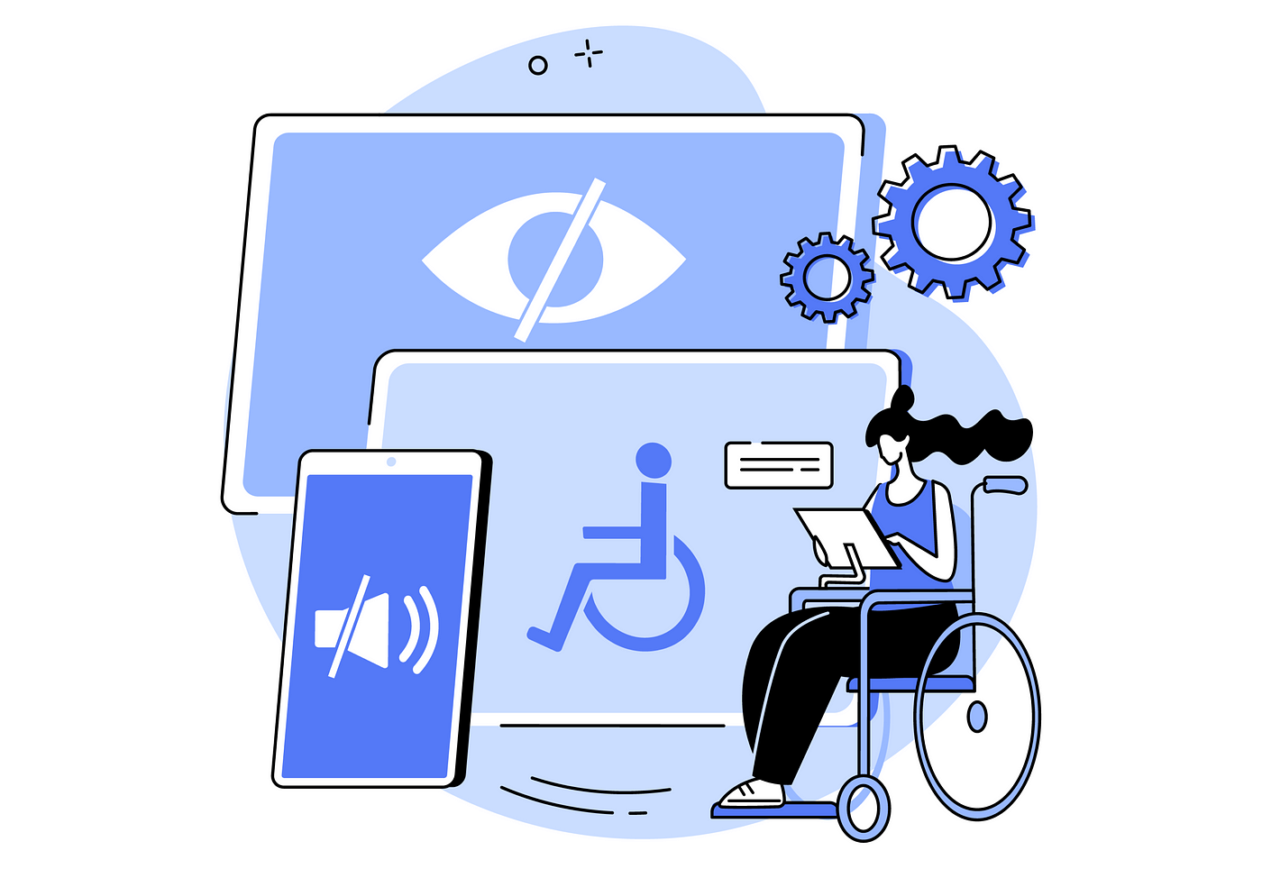 Blue-toned graphic with woman who has long dark wavy hair in a wheelchair using a screen device. There are three large screens with 'no eye', 'no sound', and wheelchair icons in the background.